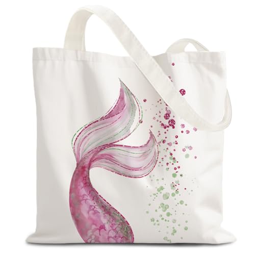 LZYRF Mermaid Gifts Tote Bag Glam Mermaid Pink Tail Beach Canvas Tote Bags for Women Beach Themed Gifts Nautical Beachy Ocean Sea Fish Reusable Grocery Shopping Bag