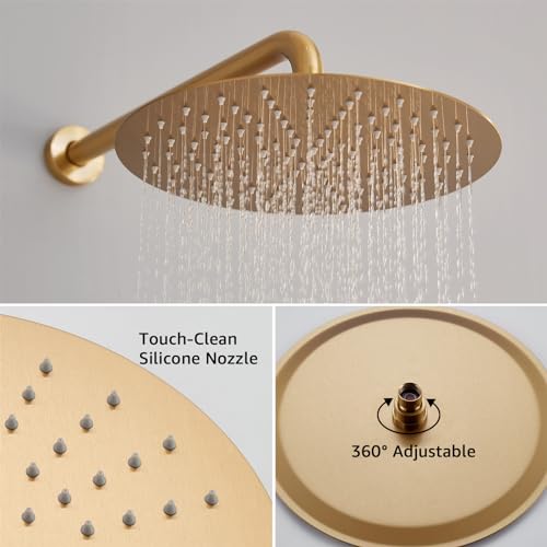 Iriber Brushed Gold Round Rain Shower System with 4 PCS Body Jets 3 Function Shower Faucet Set Contain 12 Inch Shower Head and Handheld Wall Mounted Champagne Bronze Shower Trim Kit (Valve Included)