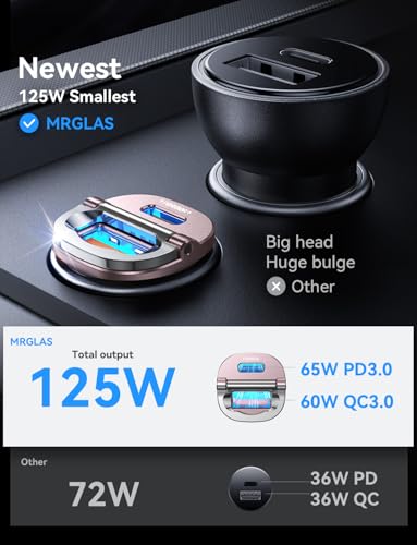 Image of MRGLAS 125W USB C Car Charger, [Mini & Metal] USB C Car Charger Adapter Fast Charging PD65W & QC60W Dual Port Type C Car Cigarette Lighter USB Charger for iPhone 16 15 14 Pro Max S25 MacBook-Pink