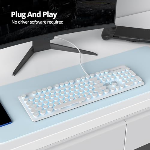 有線静音メンブレンキーボード、フルサイズ 104 キーレトロパンクタイプライターホワイト LED バックライト付き、USB ウルトラスリムゲーミングキーボード ABS ラウンドキーキャップ付き Windows/PC/ラップトップ用(V300WHITE)