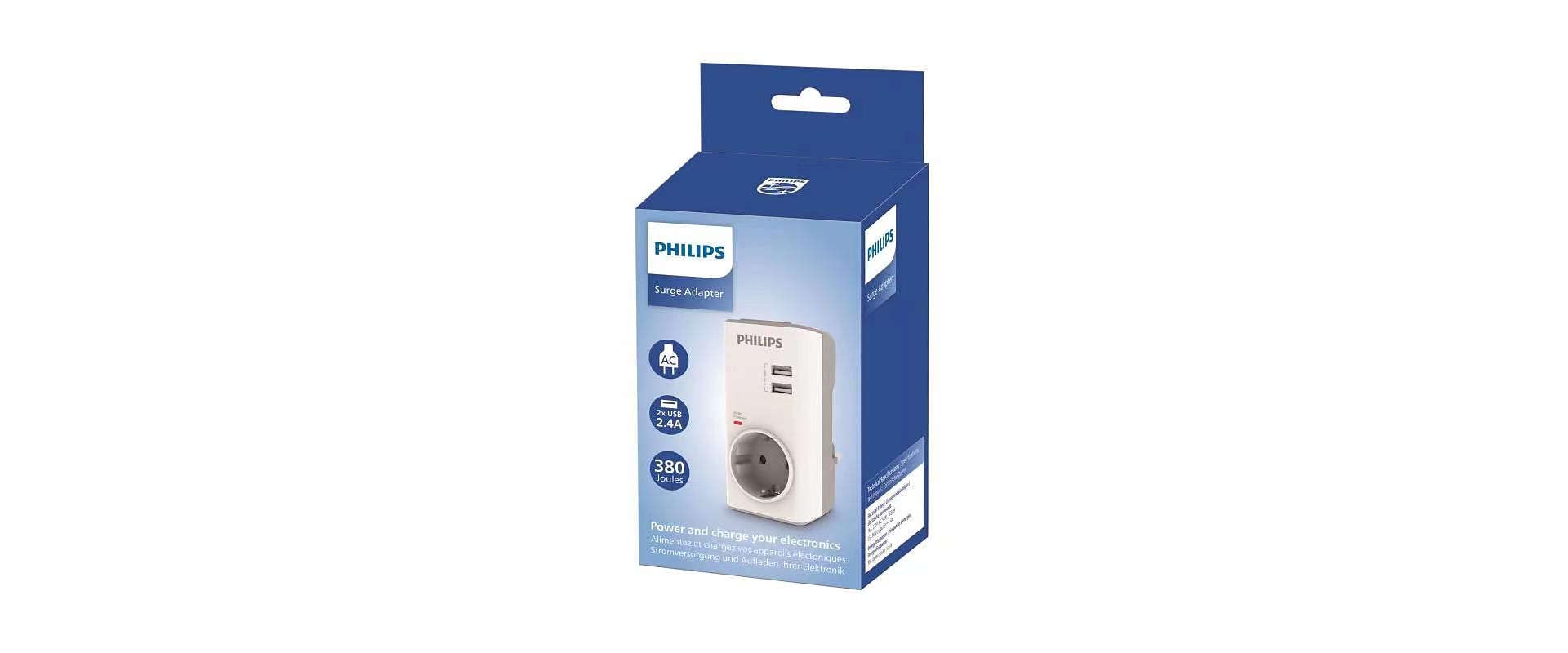 Philips Adapter CHP4010W/10 – adapter do gniazdka, zintegrowana ładowarka USB, 2 porty USB 2,4 A maks. 1 gniazdo, wskaźnik LED, ochrona przed przepięciem, biały