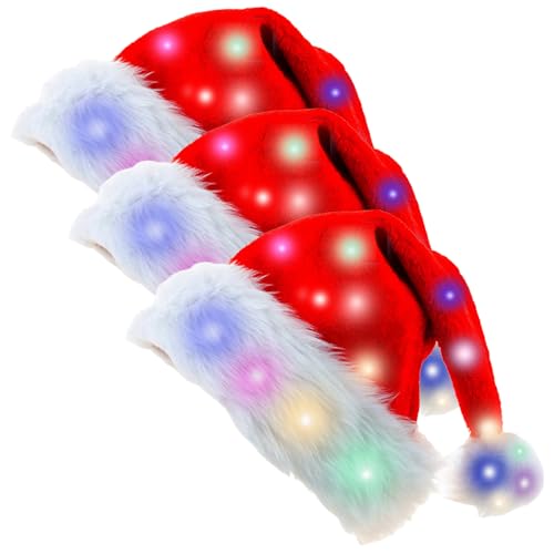 LED Weihnachtsmütze Erwachsene: 3er Set Hochwertige Plüsch Rot...