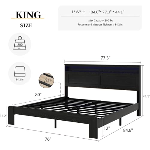 Image of King Size Wooden Bed Frame with Headboard, Rustic Farmhouse Wooden Bedframe with LED Lights and Charging Station, Easy Assembly, No Box Spring Needed (Black, King)