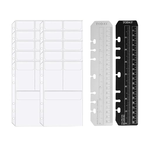 A5システム手帳 リフィル 6穴バインダー PVC ポケットセット, ファスナーポケット, クリアポケット10枚, 定規2枚付き, 多機能収納整理