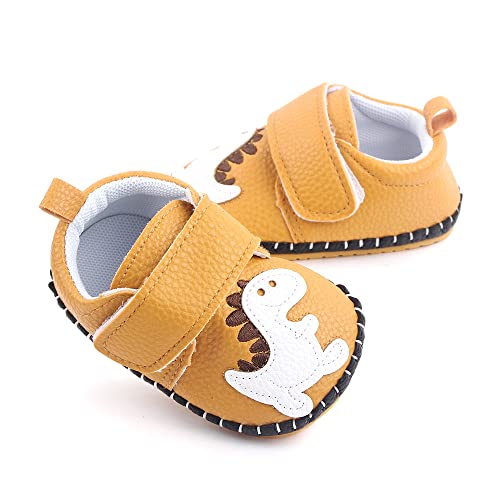 LIDIANO Baby Non Slip Rubber Sole Cartoon First Walking Slippers Crib Shoes Newborn Infant Toddler Training Shoes (0-6 Months Infant, Brown Dinosaur)
