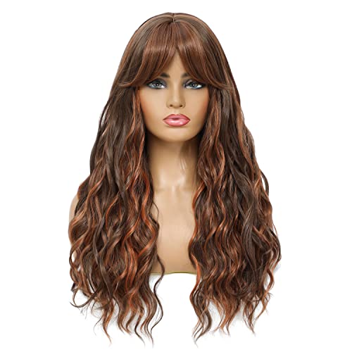 Swacc Long Curly Wavy Wig With Bangs Synthetic Hair Wig For Women With Wig Cap (Brown Auburn Highlight) #TOP22