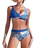 Svanco Costume Donna Due Pezzi Bikini Vita Alta, V-Apertura con Croce e Design Color Block, Costumi Bagno Curvy per Mare e Piscina