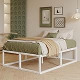 EMODA 46 cm Hohes Doppelbett 140x200 cm, Stabiles Metallbett mit Stahlgitterträger, Großes Stauraum unterm Bettgestell, Geräuschfrei, Einfacher Aufbau, Weiß