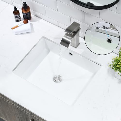 Weißes Keramik Unterbauwaschbecken 50x38x18 cm Rechteckig mit Überlauf - Einbauwaschbecken für Badezimmer & Gäste WC, inkl. Pop-up Ablauf Edelstahl