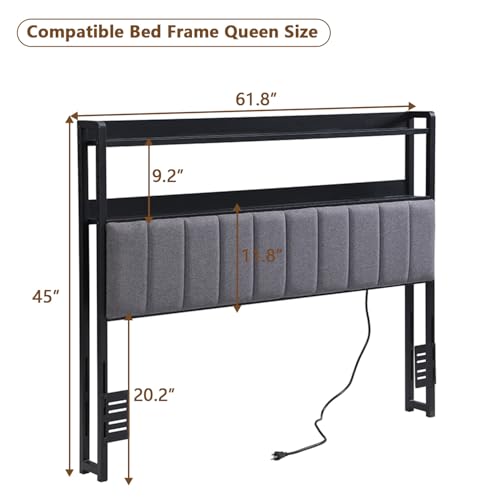 Image of anwickjeff Headboard for Queen Size Bed with 2-Tier Storage, Upholstered Headboards with Outlets, USB Ports and LED Light,Head Board Only, Height Adjustable, Sturdy and Stable (Queen)