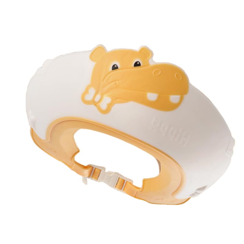 Baby Shower Cap Shield, Shower Cap for Kids, Visor Hat for Eye and Ear Protection for 0-9 Years Old Children,Cute Dinosaur/Crocodile/Hippo shape Makes the Baby Bath More Fun (Hippo, Yellow)