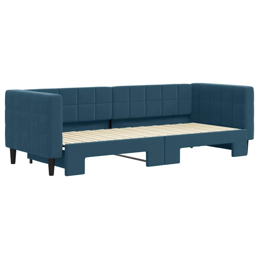 Łóżko dzienne, wysuwane, niebieskie, 80 x 200 cm, aksamitna sofa do salonu, pokoju gościnnego, metalowa i drewniana rama, nowoczesne wzornictwo, wszechstronne meble