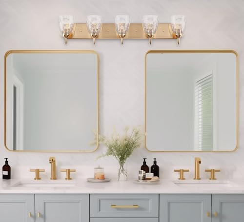 Image of Kira Home Armada 37 inch Large Modern 5-Light Bathroom Vanity Light | Elegant Hammered Water Glass Cone Shades, Contemporary Cool Brass Finish, Premium Wall Sconce Lighting Fixture