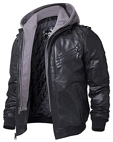 FLAVOR Men's Brown Leather Motorcycle Jacket with Removable Hood (Medium Tall, Black+Gray)