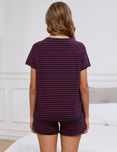 Image of Cotton Pajama Sets for Women 2 Piece Lounge Set Stripe Pj Set Loungewear Short Sleeve Top and Shorts with Pockets