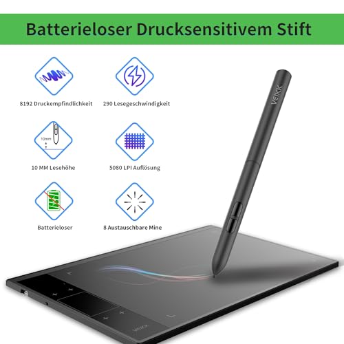 Drawing Tablet VEIKK A30V2,10x6 Zoll Grafiktablett mit 8192 Druckstufen Stift,Zeichentablett mit 4 Sensortasten und einem Gestenpad,Das fur Zeichnung/Design/Online-Bildung/Bearbeitung
