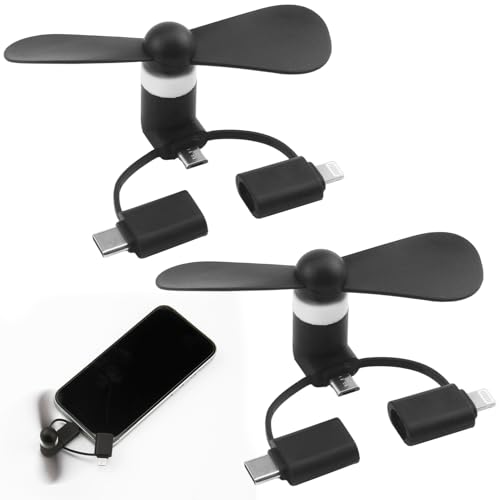 JRILUO Mini Ventilateur USB Portable Multifonction Noir, Compatible avec iOS Device Connector, Type-C, Micro-USB, Ventilateur Rotatif Compact pour Bureau, Voyage, Extérieur, Refroidissement en Été