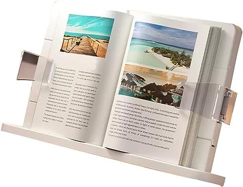 Book Stand Holder White Large Portable Adjustable Reading Textbook Recipe Stand with Paper Clips for Home Office Laptop Cookbook Desktop Documents Tablets (White) (White)