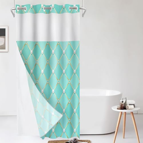 Shrahala Turquoise Diamond Grid Shower Curtain with Snap in Liner Set, Elegant Geometric Design No Hooks Stall Curtain Waterproof for Bathtubs Magnetic Hem 35.5 X 74 in