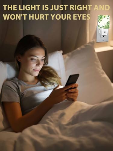Image of Green Shamrocks Night Light Plug in LED Lamp Automatic Sensor Night Lights Plug into Wall St. Patrick's Day Decorative Clover Pattern Room Bright Decor Square Dim Night-Lights for Kids Girl Adult