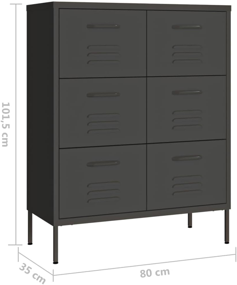 Modern Anthracite Steel Sideboard Cabinet with Six Drawers for Living Room Storage and Display, Ball Bearing Slides, Adjustable Feet, Minimalist Design, Durable Construction,