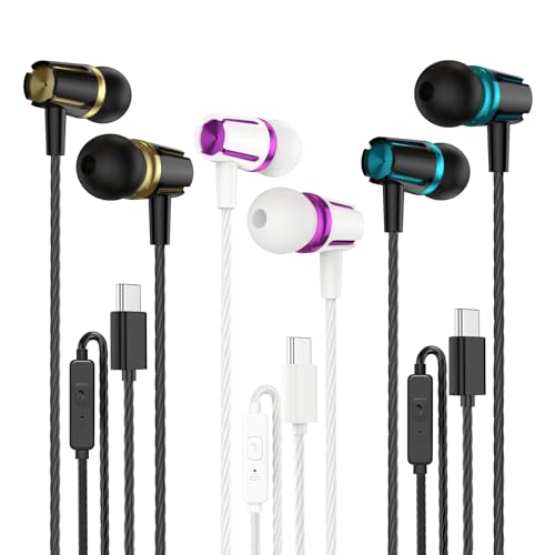 Rayleigh USB C Headphones with Microphone 3 Pack, Wired Earbuds with Heavy Bass, Type C Earphones with Noise Isolating, Compatible with iPad, Android Phones, Fits Most Type C Devices