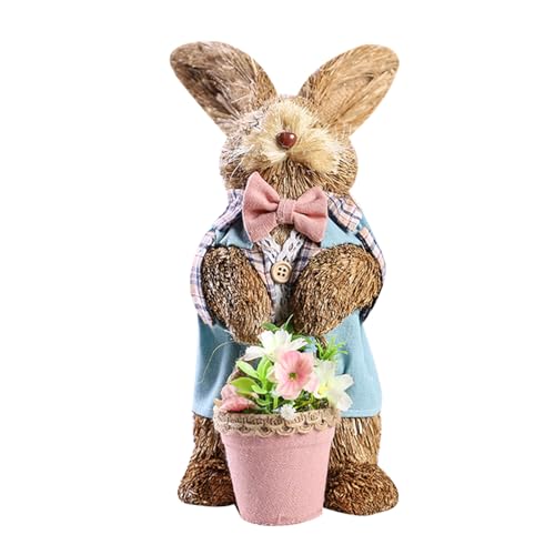 Lodoot Adorno de paja de Pascua artesanal con cesta de flores de pie para hacer