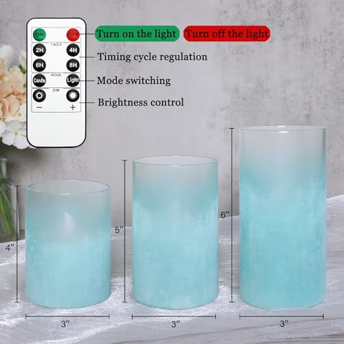 Image of MELTONE Sandblasted Lake Blue Flameless Candles with Remote & Timer, Real Wax Glass Ocean LED Candles, Home Holiday Farmhouse Christmas Summer Nautical Decor, Set of 3