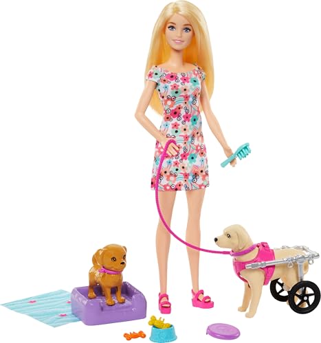 Barbie Doll with 2 Toy Dogs & Pet Accessories, 1 Pup in a Removable Wheelchair with Rolling Wheels, 10+ Piece Set