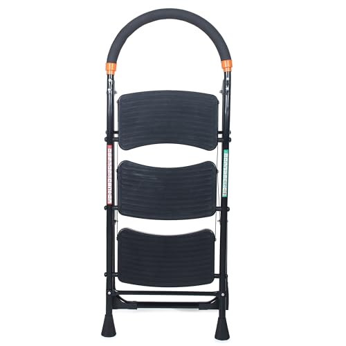 Image of FLIPZON Foldable Step Ladder, Advanced Locking System, Ribbed Steps, Knee Guard, Non-Marring PVC Shoes, 3 Steps