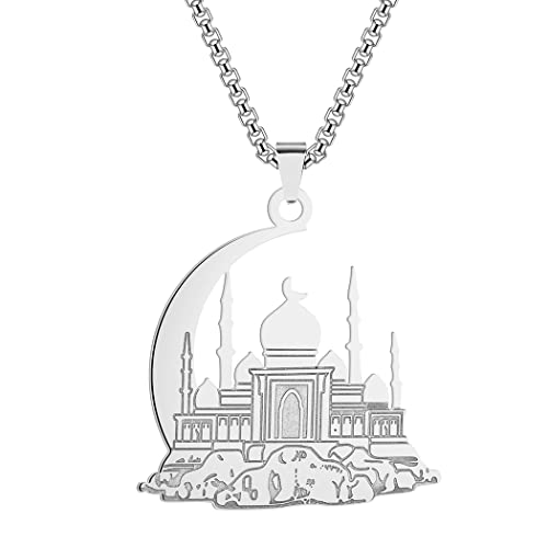 LUTAKU Collier musulman islamique pour femmes, hommes, garçons, mosquée avec pendentif croissant talisman en acier inoxydable 316L Hip Hop pour hommes, Acier inoxydable, Pas de gemme Cover