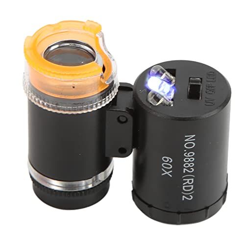 KKPLZZ Mini Microscopio, Aumento de 60x con Luz LED y Bombilla UV para Detección de Dinero, Imágenes Claras Portátiles, Diseño Compacto para Identificación de Joyas Antiguas (9882(RD)2 negro)