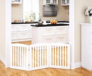 PAWLAND Wooden Freestanding Foldable Pet Gate for Dogs, 24 inch 3 Panels Step Over Fence, Dog Gate for The House, Doorway, Stairs, Extra Wide (White, 24" Height-3 Panels)