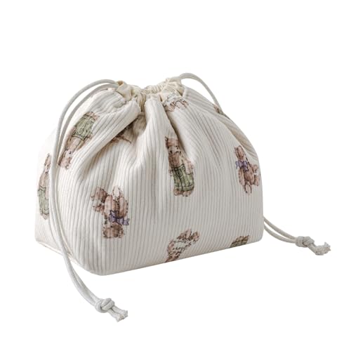 uekeboag Cute Soft Corduroy Drawstring Makeup Bag with Canvas Lining, Coquette Aesthetic Drawstring Cosmetic with Bear Pattern for Women Girls, Kawaii Travel Makeup Organizer Case(05 Great Bear)