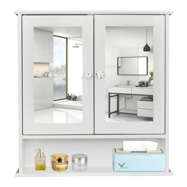 Bathroom Cabinet with Mirror, Wall Cabinet with 2 Mirrored Doors, Adjustable Shelf, Open Compartment, Wall-Mounted, 5.1 x 22.2 x 23 Inches, White