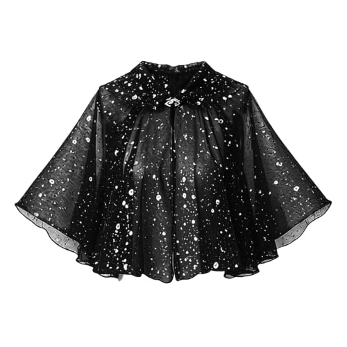 HMXCHASHIKEJI Witch Costume Women,Women’s Short Hooded Cape, Sparkle Sheer Tulle Capelet, Halloween Witch Costume Cloak for Cosplay Party(Black_01,Small) - image 5