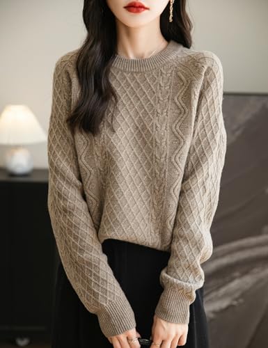 Women's 100% Merino Wool Sweater 2025 Fall Winter Casual Crew Neck Warm Long Sleeve Cable Knit Pullover Sweater4