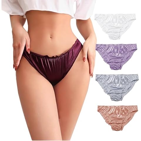abandi Satin Bikini Panties for Women, Ruched Cheeky Underwear, Low Rise Shiny Panties Silky Bikini Briefs, Purple Size M Cover
