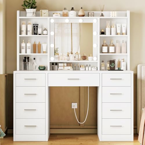 FIONESO Vanity Desk with Mirror and Lights, Power Outlet, Makeup Vanity with 9 Drawers & 6 Open...