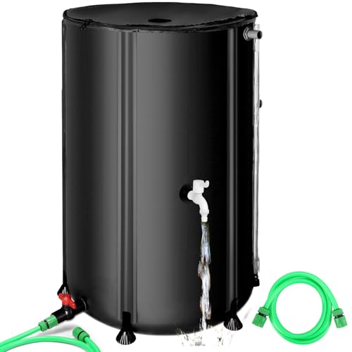 100 Gallon Collapsible Rain Barrel, SKM Portable Rain Water Collection Barrel for Garden/Outside/Lawn, PVC Rainwater Collection System Water Tank Storage Container with Spigots & Overflow Kit, Black