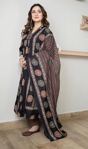 Image of Arayna Women's Pure Cotton Intricate Block Printed Ethnic Wear Kurta Set with Palazzo & Dupatta