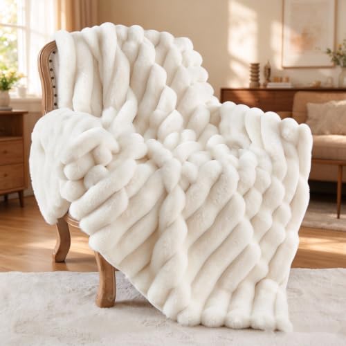 BEDELITE Faux Fur Throw Blanket for Couch, 770GSM, 50" x 60", Cream | Soft and Cozy Luxurious 3D Striped Fluffy Blanket, Warm Plush Fuzzy Faux Rabbit Fur for Women Gift, Stylish Room Decor - image 1