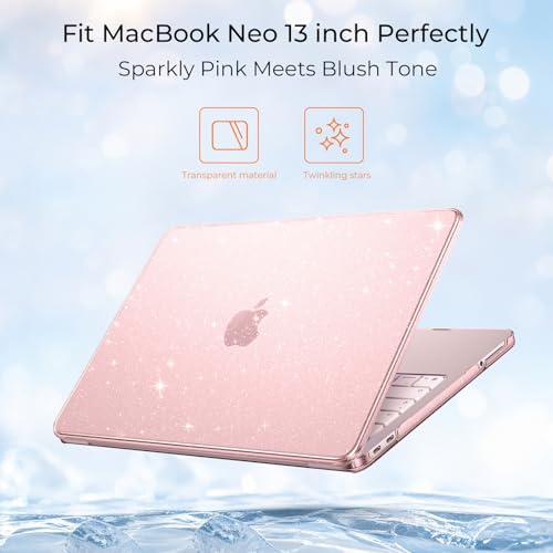 Image of EooCoo Case Compatible with MacBook Neo 13 inch 2026 Model A3404 with A18 Pro chip, Glitter Lightweight Hard Shell Scratch Resistant Protective Cover, Sparkly Blush