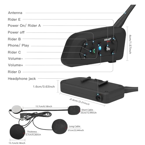 EJEAS VNETPHONE V6 Motorrad Intercom Bluetooth Headsets 1200m bis zu 6 Reiters DSP-Rauschunterdrückung, Wasserdicht, Kommunikationssystem für Motorräder, 2 Stück
