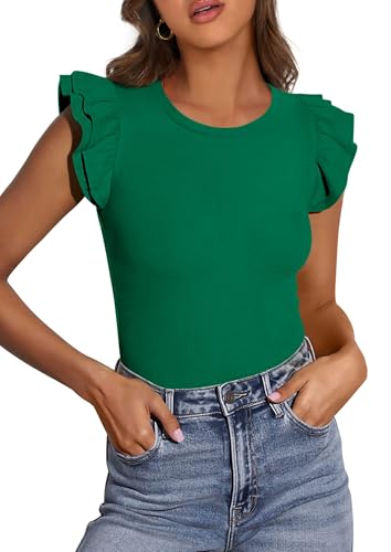PRETTYGARDEN Womens Summer Crew Neck T Shirts 2026 Trendy Ruffle Sleeve Slim Fit Knit Going Out Tops Casual Spring Clothes (Green,Small)