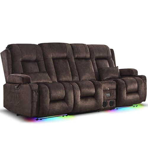 Image of URRED Power Loveseat Recliner Sofa with Massage and Heat, Wall Hugger Reclining Loveseat with Console, RV Couch Home Theater Seating with LED Lights for Living Room (Brown, 89.8 inch - 3 Seats)