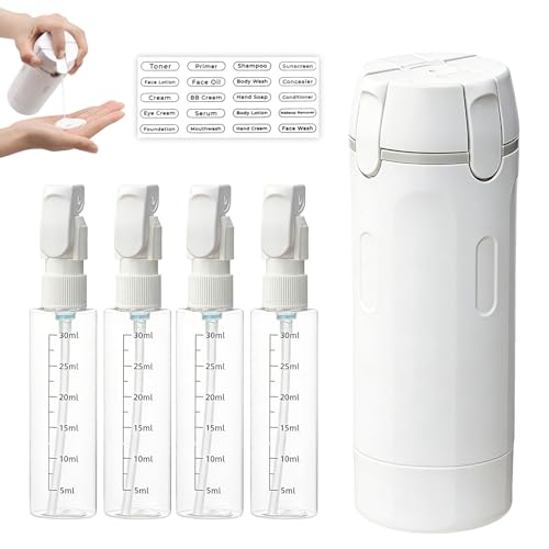 4 in 1 Refillable Travel Dispenser Bottles Kit Leak-Proof Portable Toiletries Containers for Shampoo Conditioner Lotion | Squeezable with Labels Scale & Travel Pouch for Flights Gym Vacation