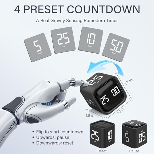 Rotating Pomodoro Timer 5, 25, 10 50 Minutes Preset, Desk Productivity Flip Timer, ADHD Tool Cube Countdown Stopwatch, Vibration/High/Low Volume/Custom Modes, for Work, Study, Back to School, Kitchen - 1