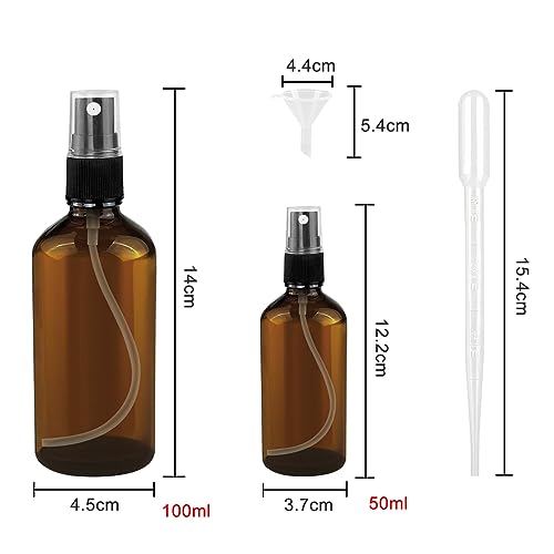 Nutabevr 4 Stück Braun Zerstäuber Sprühflasche, 2x100 ml + 2x50ml Sprühflasche Klein Glas mit trichte und tropferr, Glas Sprayflasche Leer, Sprühflaschen zum Befüllen Tragbares, für Kosmetik Öle