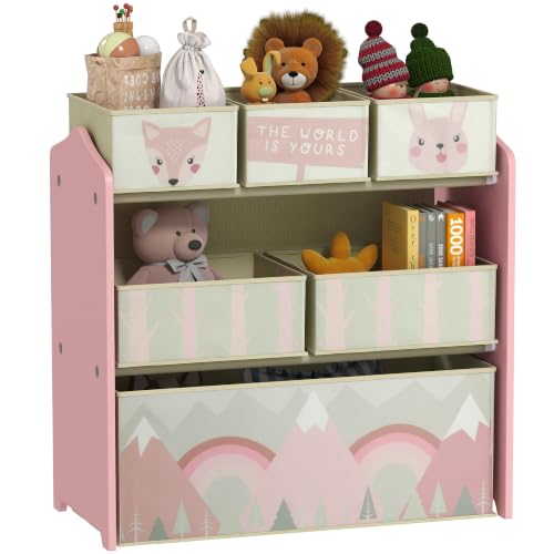 Image of ZONEKIZ Kids Storage Unit with 6 Fabric Bins Bedroom 63 x 30 x 66cm Pink